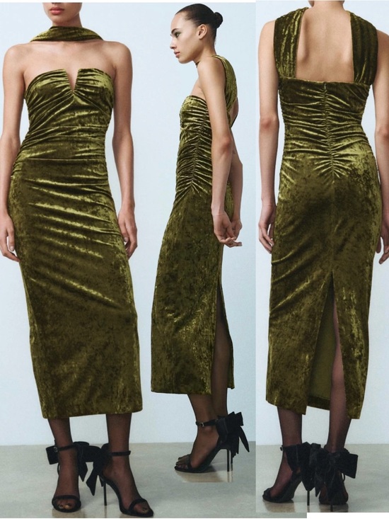 Zara Dresses & Skirts - ZARA Olive Green Crushed Velvet Ruched Midi Dress Scarf Neck Size L NWT